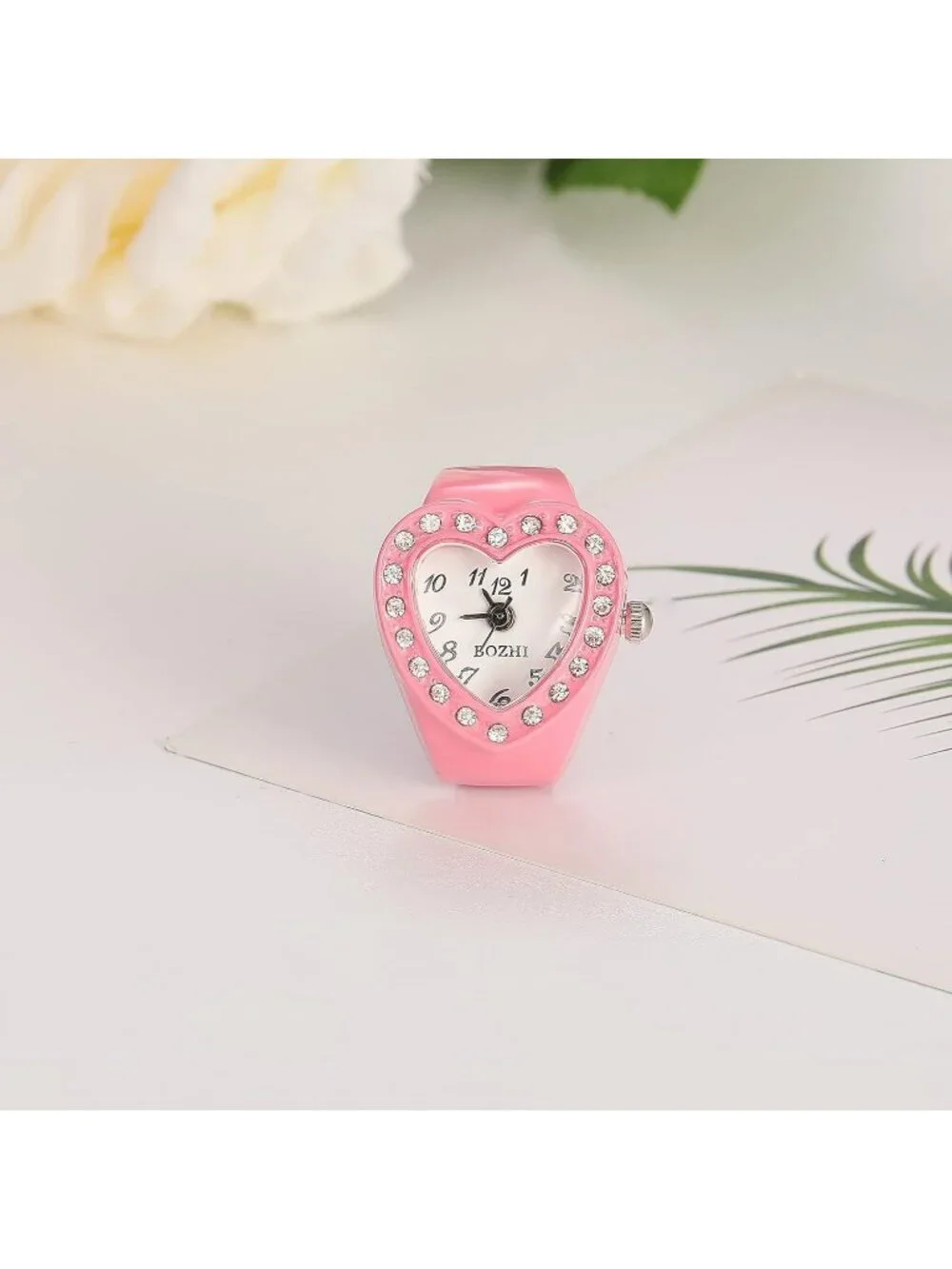 Unisex Pink Analog Quartz Easy Read Adjustable Modern Heart Finger Ring Watch
